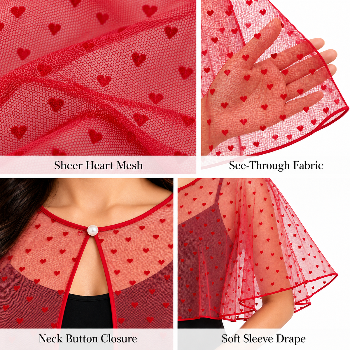 HAYZO Red Sheer Heart Cape Shrug