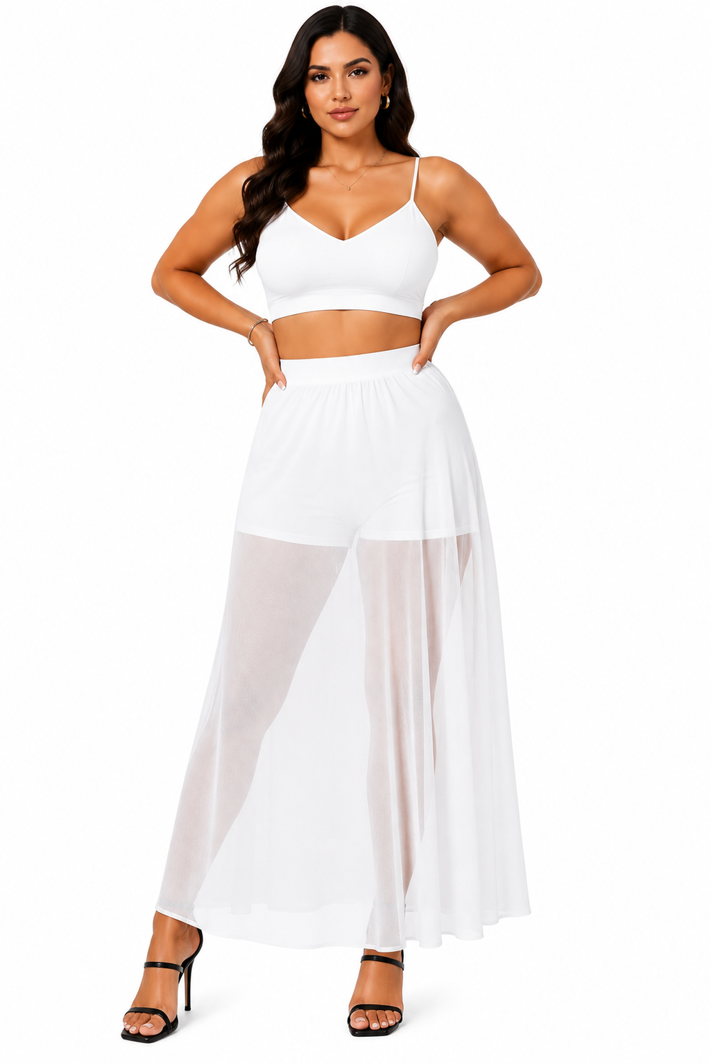 HAYZO Women’s White Sheer Mesh Maxi Skirt | High Waist Transparent Layering Skirt