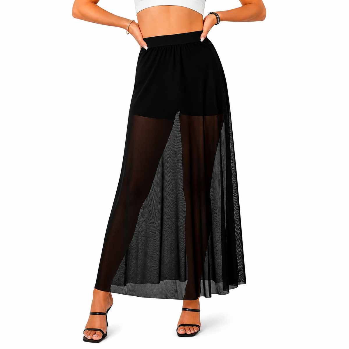 HAYZO Women’s Black Sheer Mesh Maxi Skirt | High Waist Transparent A-Line Layering Skirt