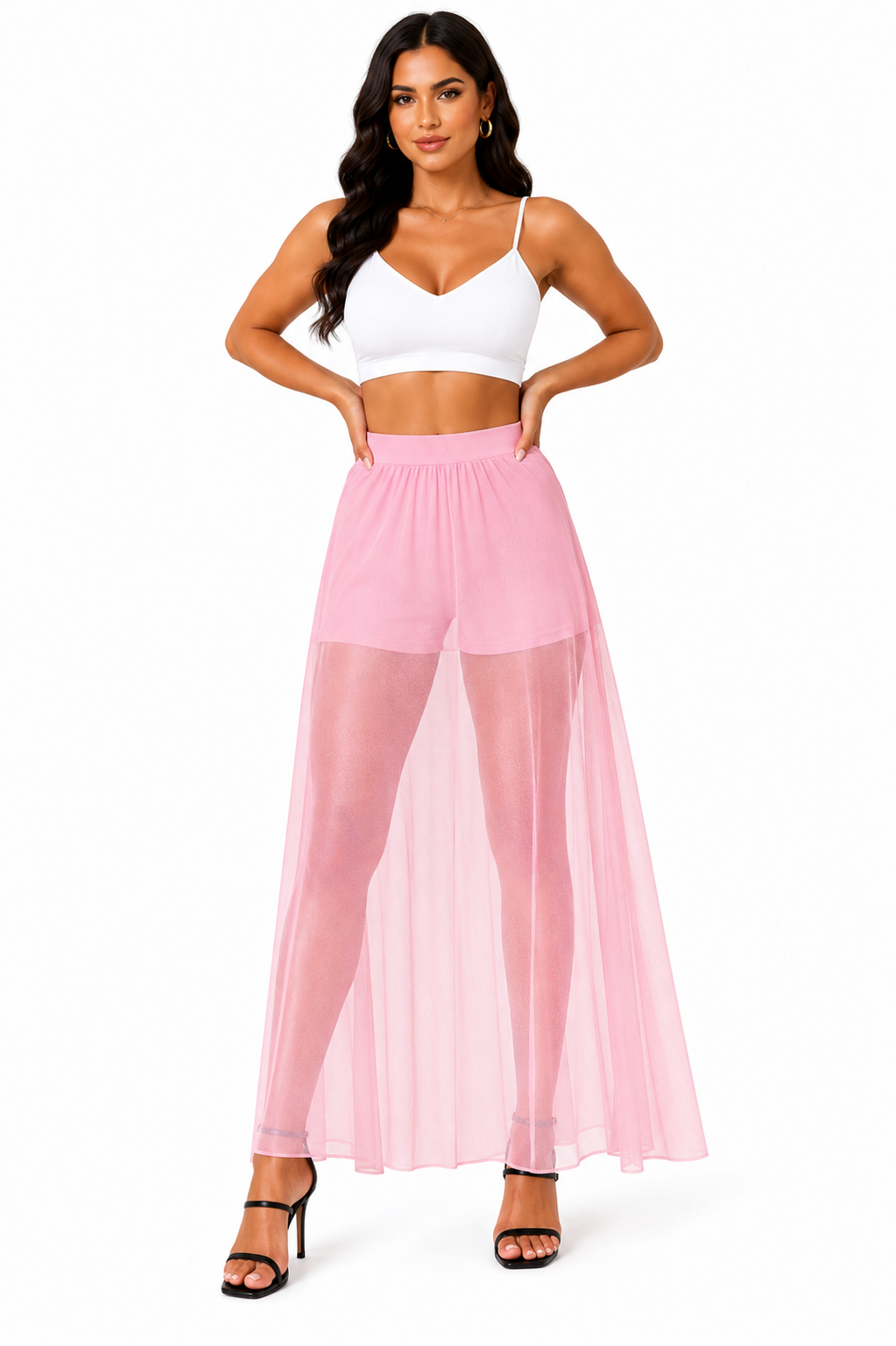 HAYZO Women’s Pink Sheer Mesh Maxi Skirt | High Waist Transparent Layering Skirt
