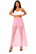 HAYZO Women’s Pink Sheer Mesh Maxi Skirt | High Waist Transparent Layering Skirt