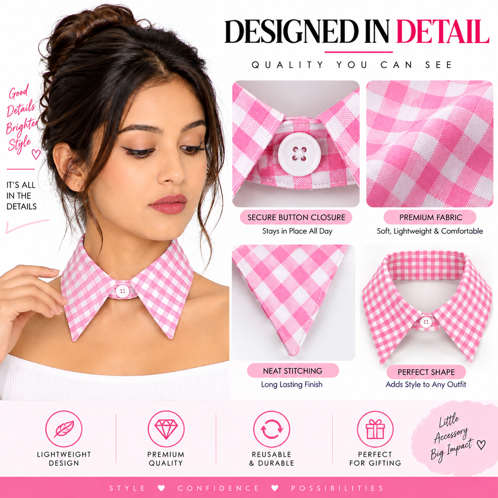 HAYZO Women’s Pink & White Check Detachable Shirt Collar | Lightweight Layering Accessory