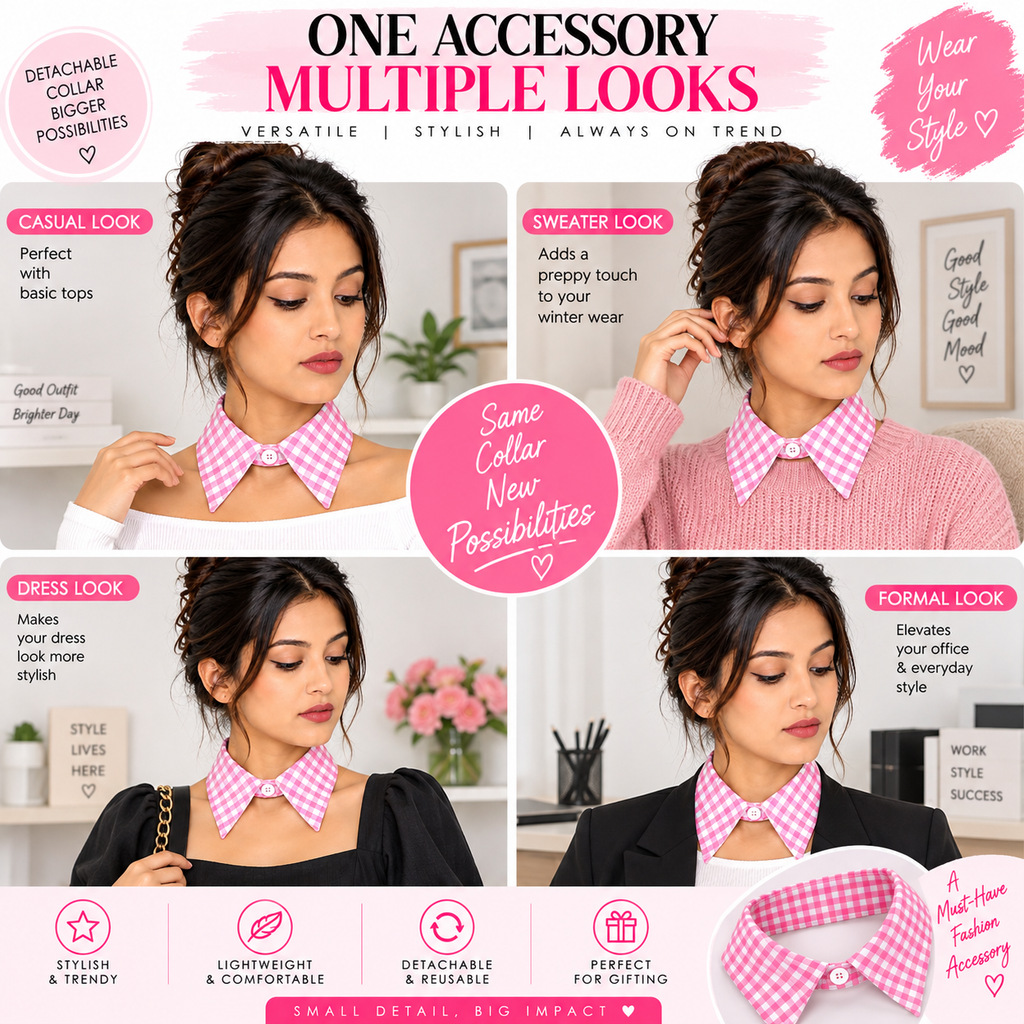 HAYZO Women’s Pink & White Check Detachable Shirt Collar | Lightweight Layering Accessory