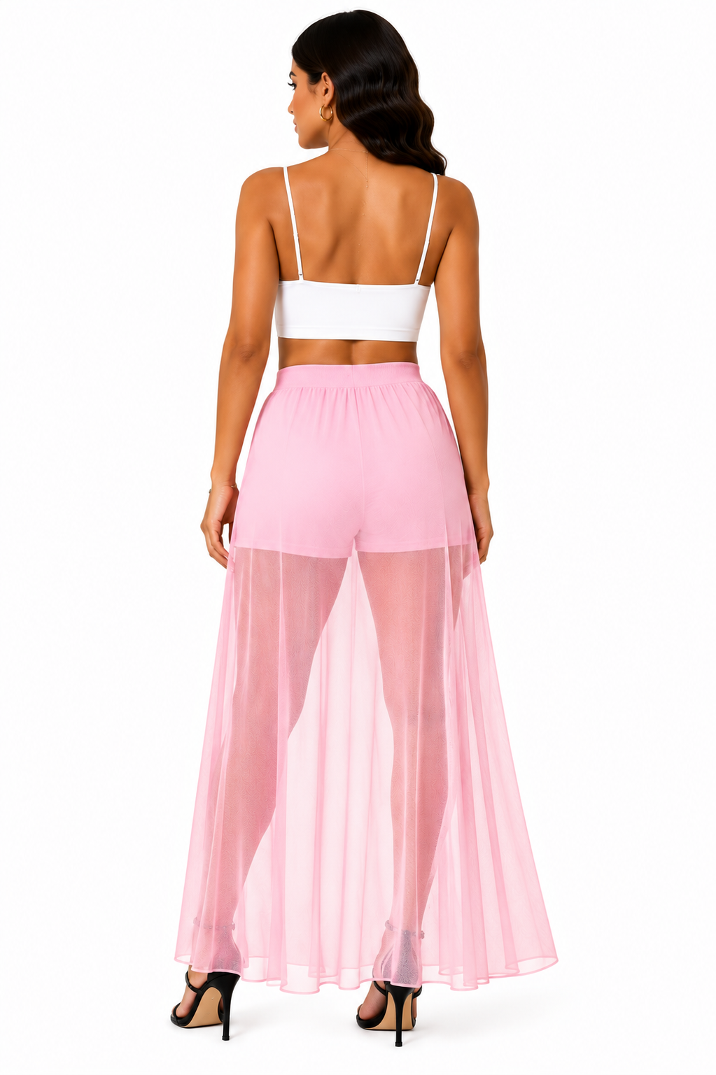 HAYZO Women’s Pink Sheer Mesh Maxi Skirt | High Waist Transparent Layering Skirt