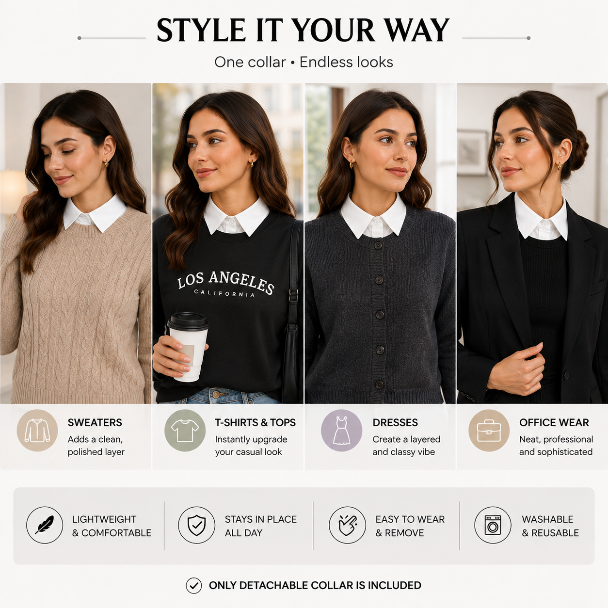 HAYZO White Detachable False Shirt Collar for Women | Layering Fashion Accessory