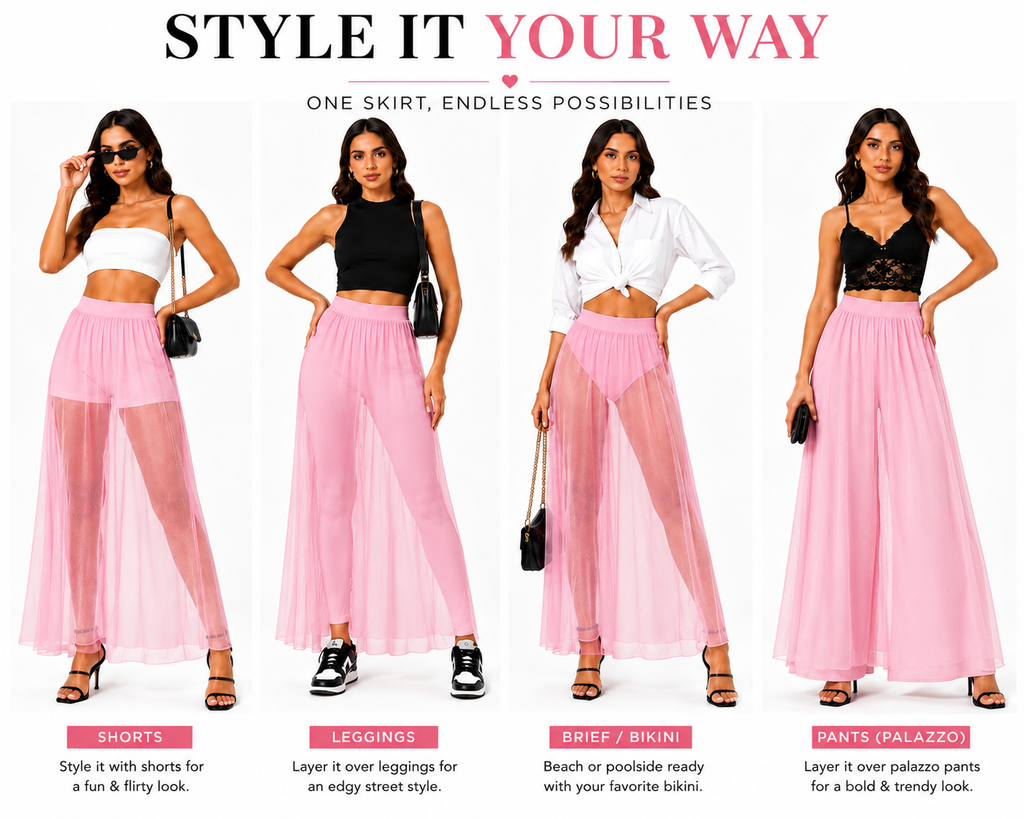 HAYZO Women’s Pink Sheer Mesh Maxi Skirt | High Waist Transparent Layering Skirt