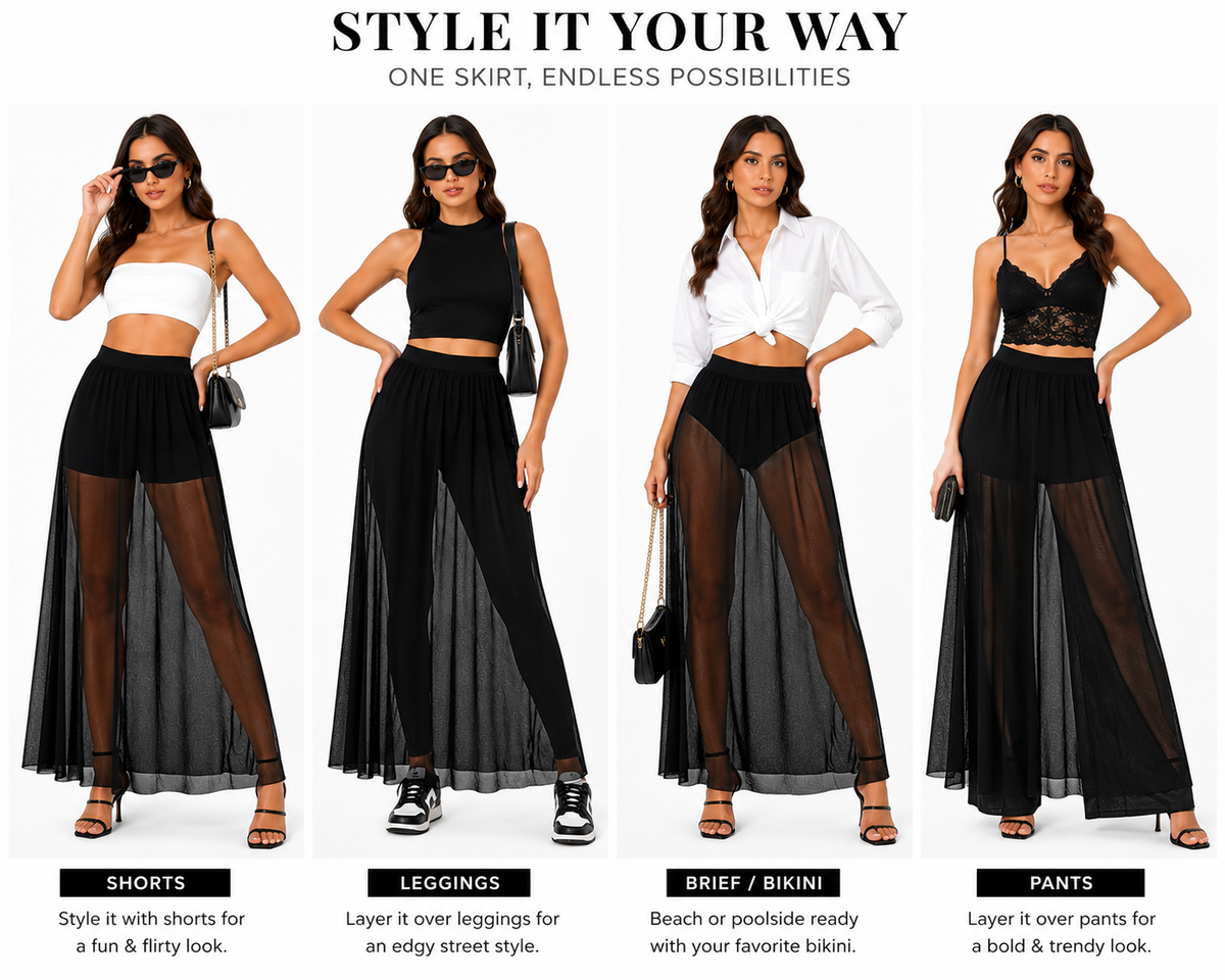 HAYZO Women’s Black Sheer Mesh Maxi Skirt | High Waist Transparent A-Line Layering Skirt