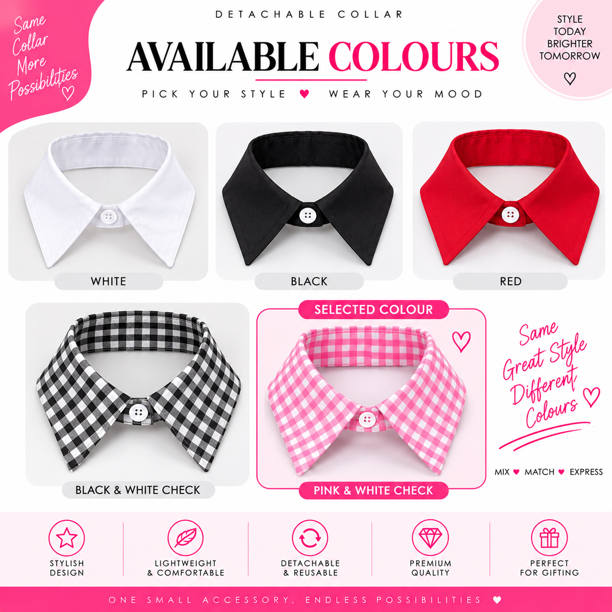 HAYZO Women’s Pink & White Check Detachable Shirt Collar | Lightweight Layering Accessory