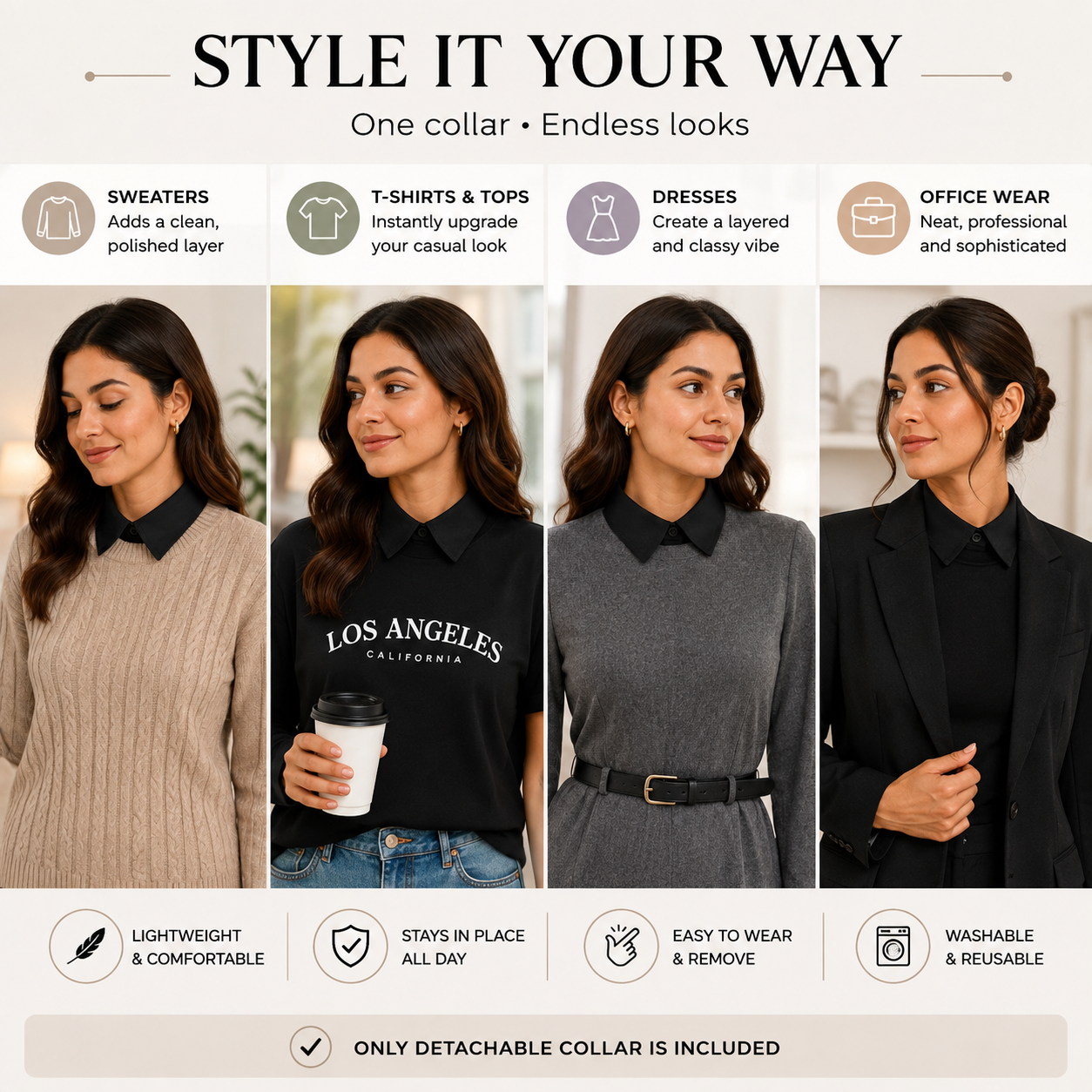 HAYZO Black Detachable False Shirt Collar for Women | Layering Accessory