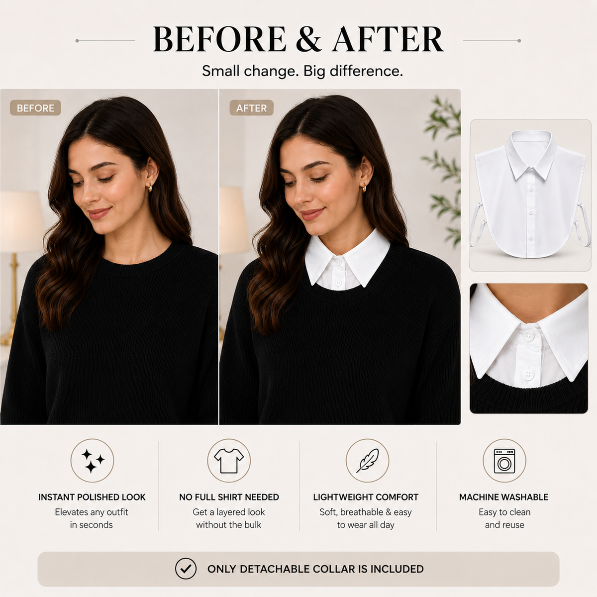 HAYZO White Detachable False Shirt Collar for Women | Layering Fashion Accessory