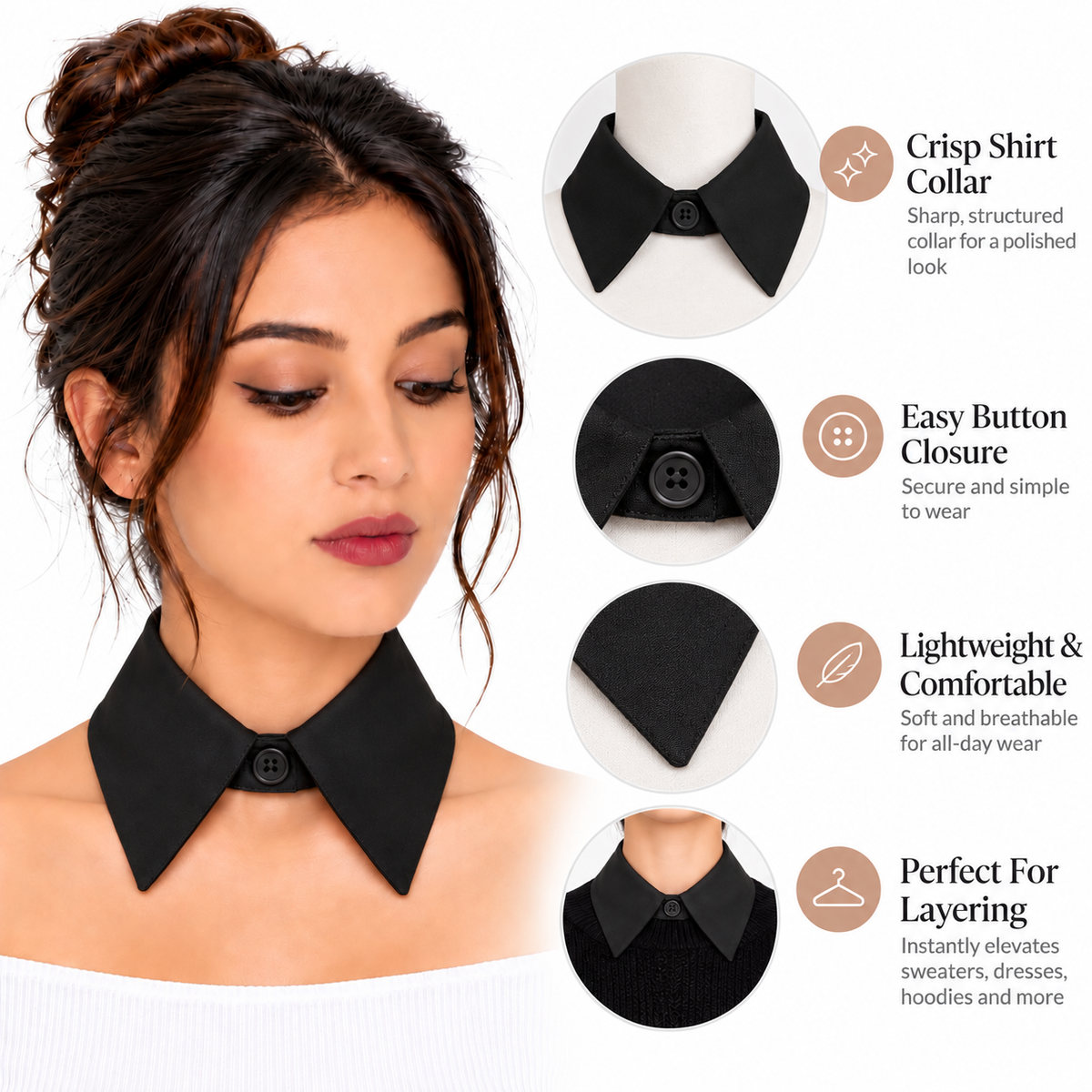 HAYZO Women’s Black Satin Detachable Shirt Collar