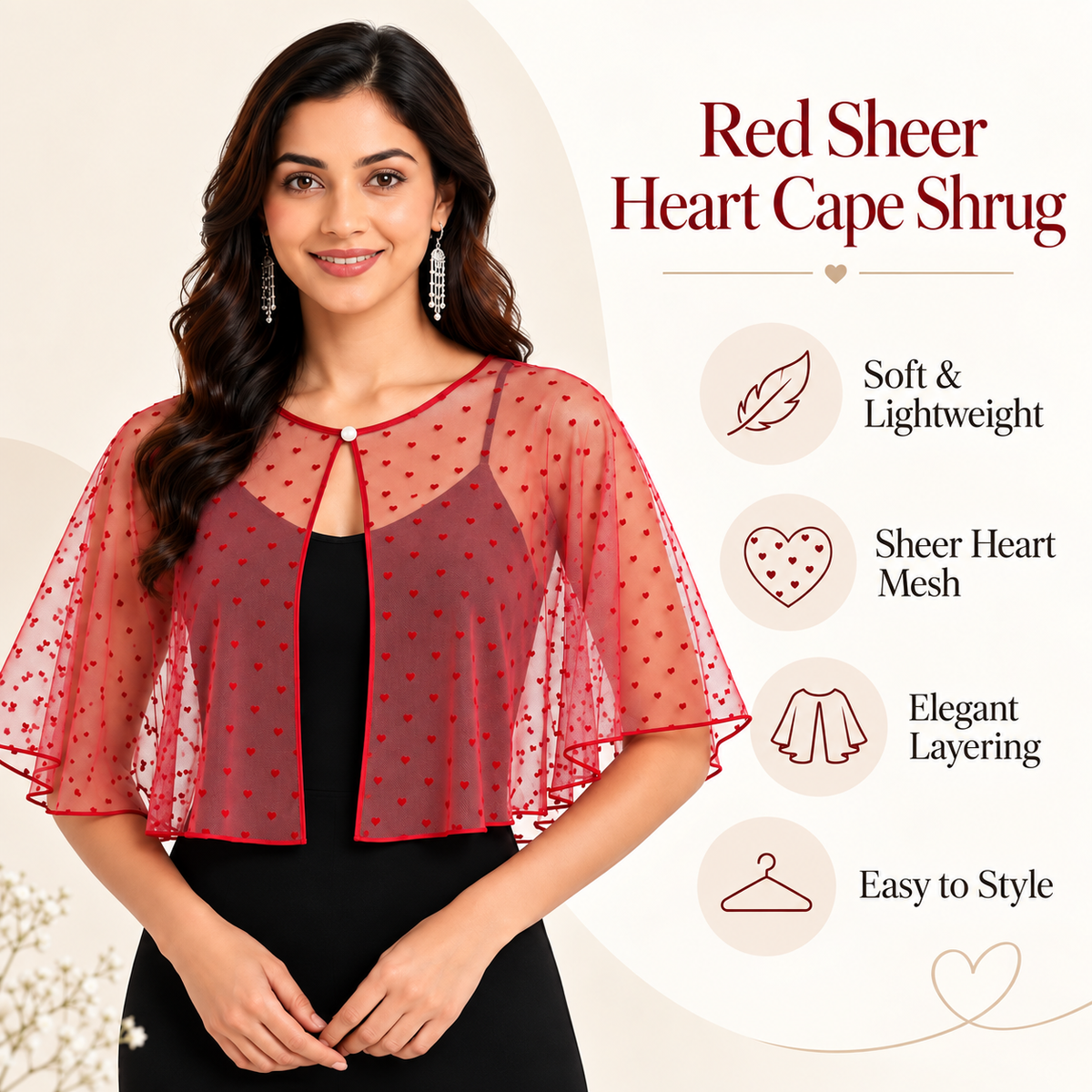 HAYZO Red Sheer Heart Cape Shrug