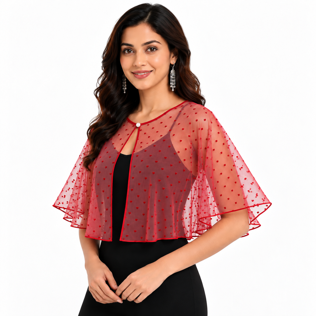 HAYZO Red Sheer Heart Cape Shrug