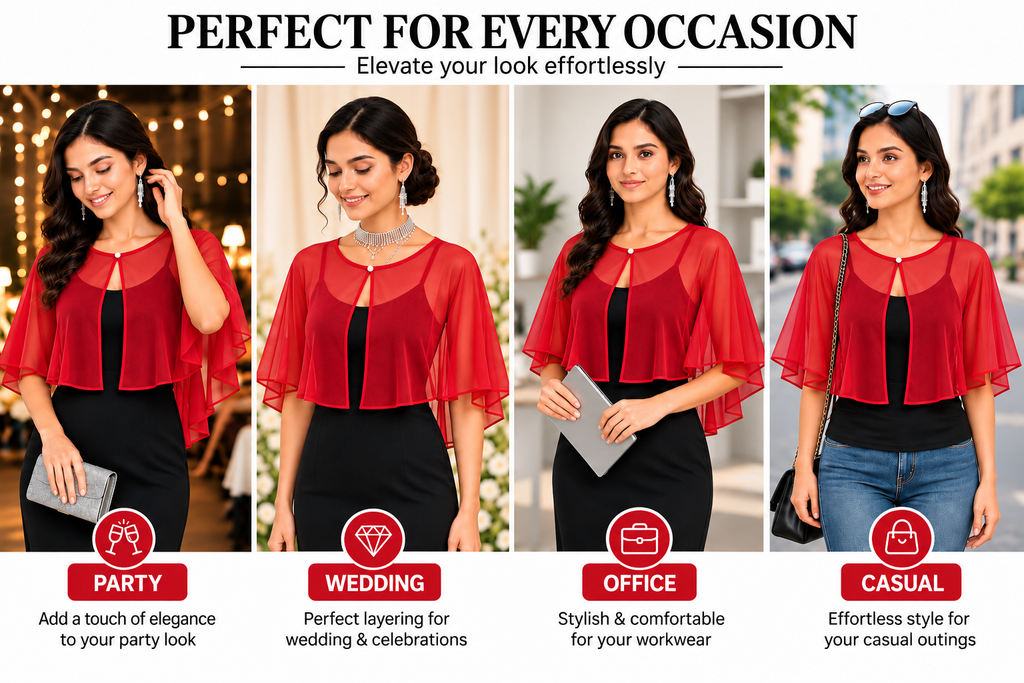 HAYZO Women’s Red Sheer Cape Shrug | Lightweight Open Front Layering Top