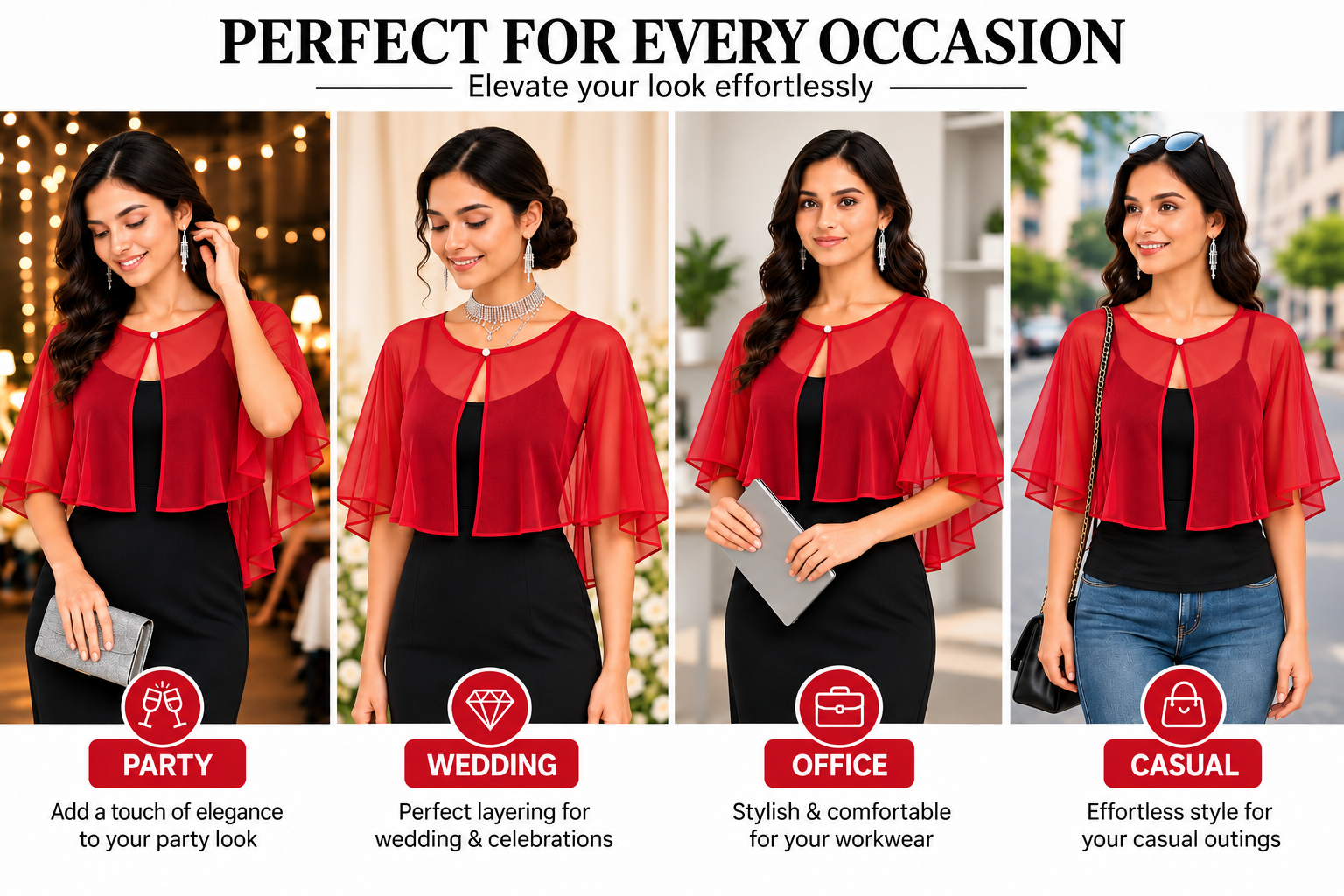 HAYZO Women’s Red Sheer Cape Shrug | Lightweight Open Front Layering Top
