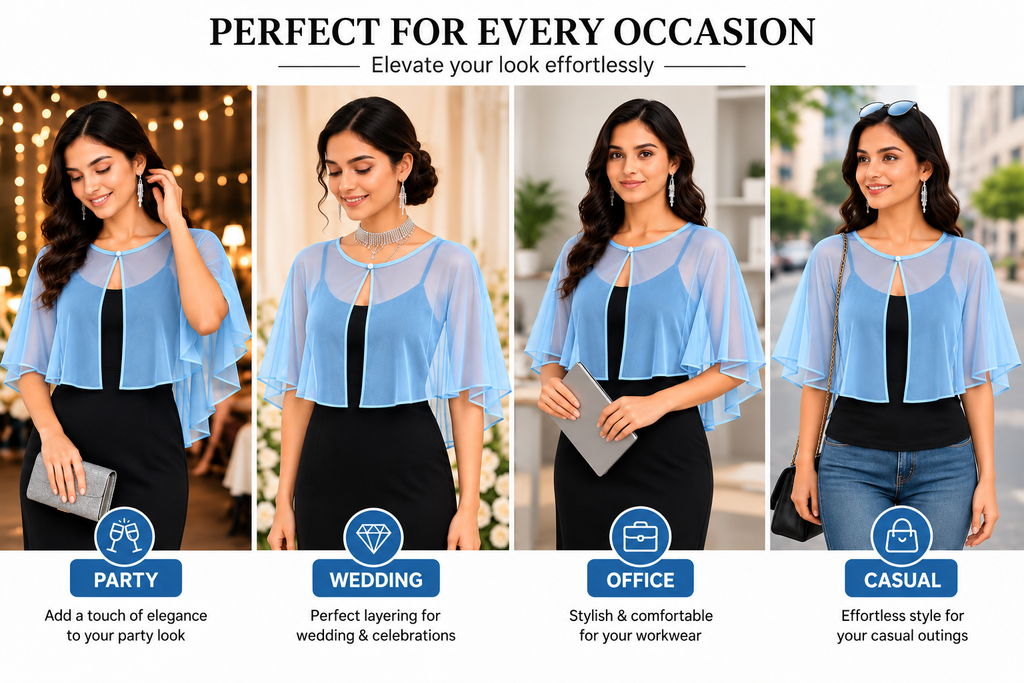 HAYZO Women’s Sky Blue Sheer Cape Shrug | Lightweight Open Front Layering Top