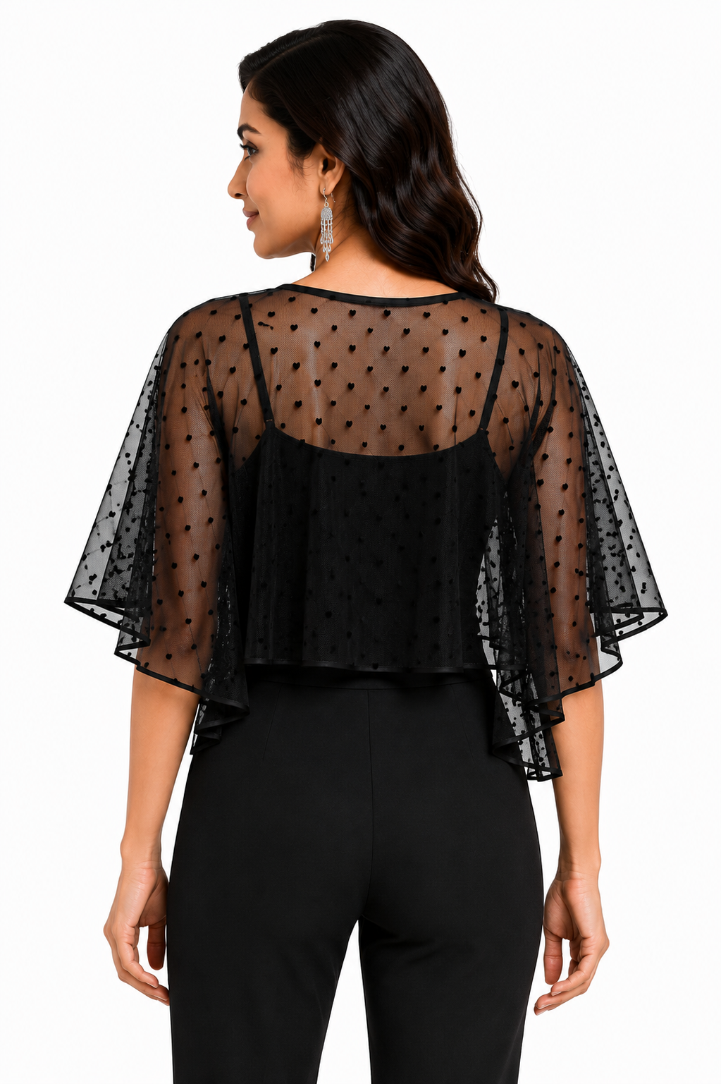 HAYZO Women’s Black Sheer Polka Dot Cape Shrug | Lightweight Open Front Layering Top