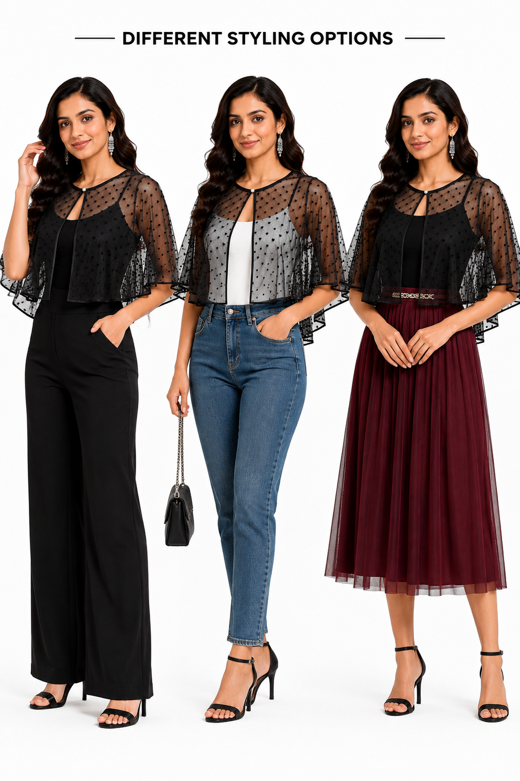 HAYZO Women’s Black Sheer Polka Dot Cape Shrug | Lightweight Open Front Layering Top